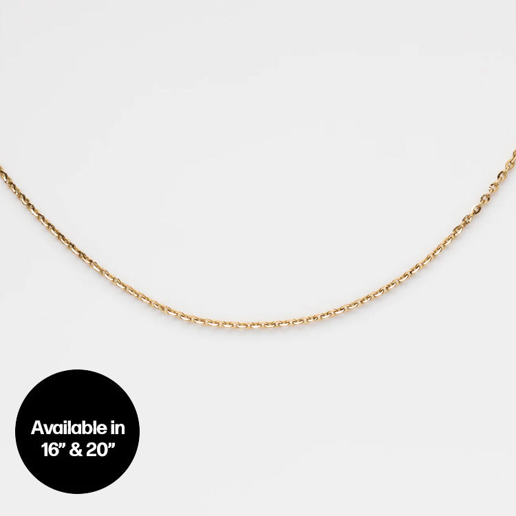 The Solid Gold Chain for Charms is shown against a white background with a black circle reading Available in 16 & 20. Ideal as a charm necklace or for designing your own personalized necklace style.