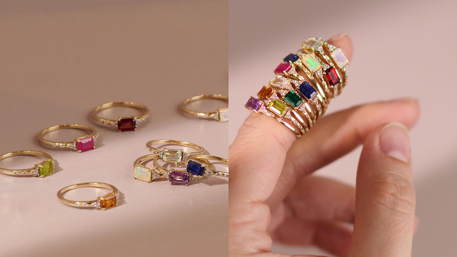 Gold rings with colorful gemstones on a beige background