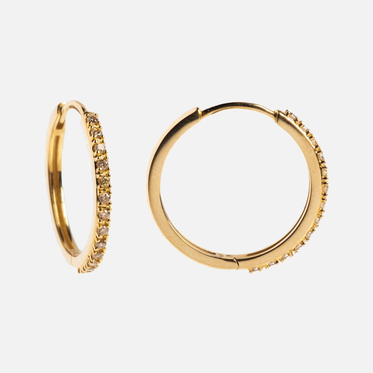 Solid Gold Diamond Hoops featuring small, clear lab-created diamonds set along the outer edge, shown on a plain white background.