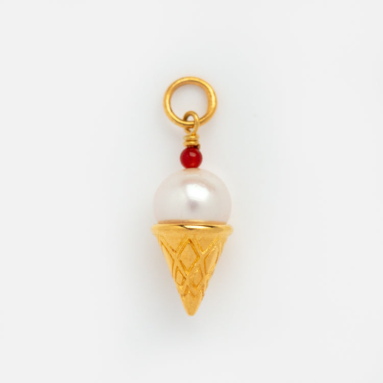Charms by Hunt of Hounds: A whimsical ice cream cone pendant with a gold vermeil cone, round white pearl scoop, red bead topper, and gold loop—perfect for your favorite sterling silver chains or charm bracelets.