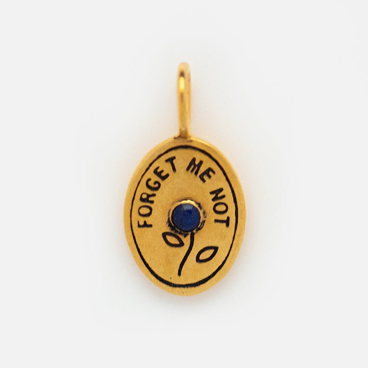 The Charms by Hunt of Hounds gold vermeil oval pendant features FORGET ME NOT engraved around a small blue gemstone and a simple stem with two leaves, perfect for stacking with your favorite charms.