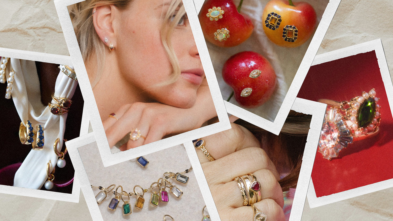 Collage of several images of gold gemstone jewels