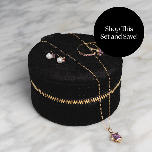 Discover the Solid Gold 2025 June Capsule Alexandrite and Pearl Full Set—includes a limited edition gold necklace with alexandrite pendant, matching earrings, and a pearl & alexandrite ring in a black velvet box. Shop this set and save! Free gift included.