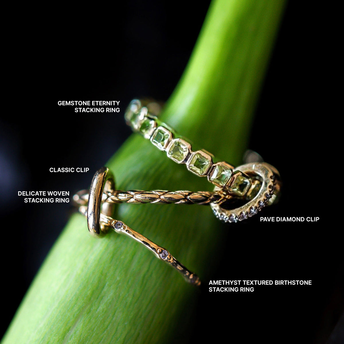Four Solid Gold Gemstone Eternity Stacking Rings, each with unique textures and gemstones, are stacked on a green plant stem. Each ring is elegantly labeled, highlighting the distinct design of each Solid Gold Gemstone Eternity Stacking Ring.
