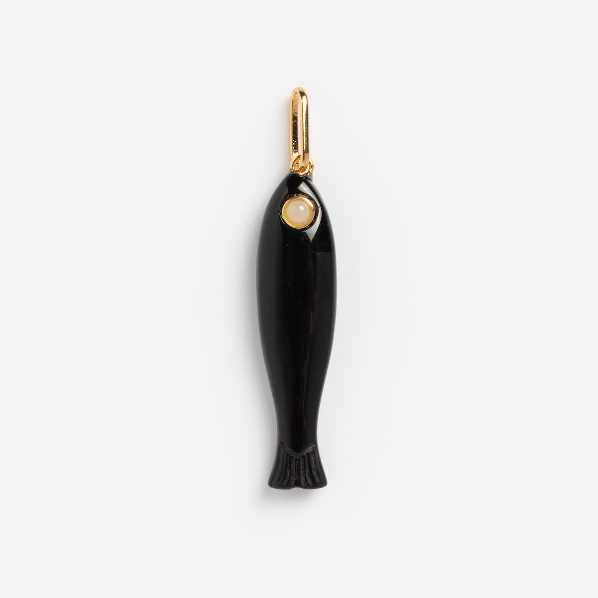 The Charms by Thatch features a black fish-shaped pendant with a gold loop and a small circular detail near the head, adding unique elegance to personalized necklace charms, shown against a white background.