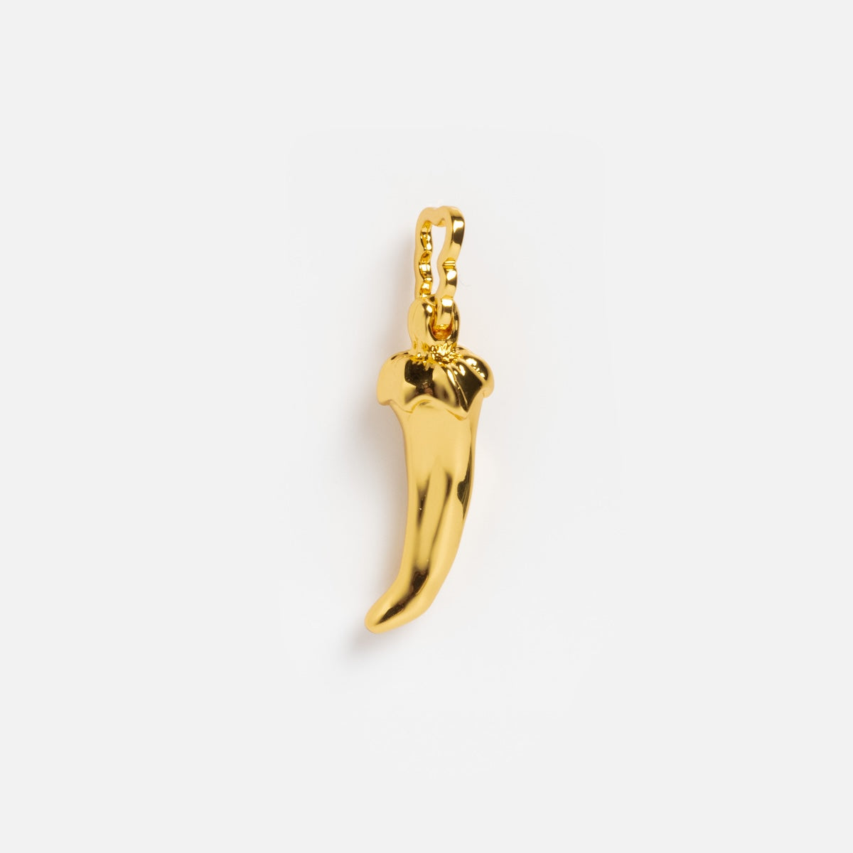 A shiny gold plated chili pepper-shaped pendant from Charms by Spicy Dan, displayed against a plain white background.