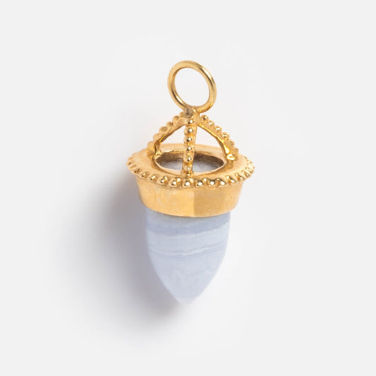 The Large Blue Agate Amphora Charm features a pointed, striped light blue agate stone with a solid gold beaded cap and a circular loop for easy attachment to your chain.