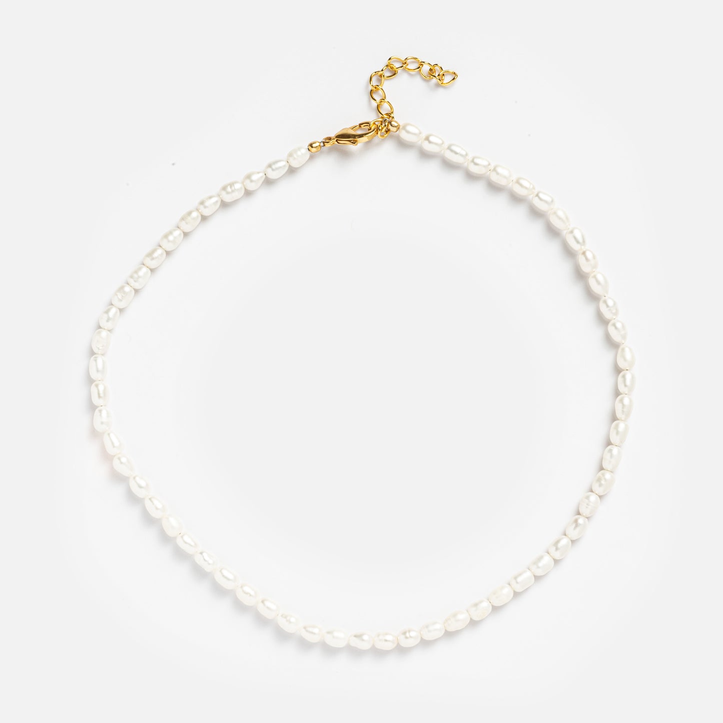 The Freshwater Seed Pearls Necklace features small pearls, an 18k gold-plated clasp, and an adjustable chain. It is displayed in a circle on a plain white background.