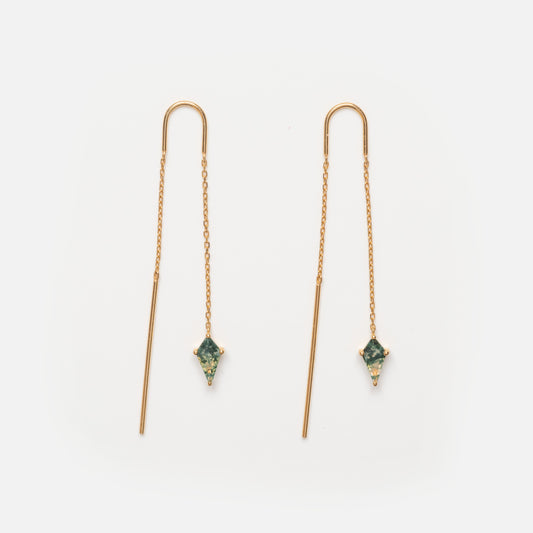 A pair of Solid Gold Aquatic Agate Elements Kite Threader Earrings with thin gold chains and green, kite-shaped agate gemstones, displayed on a plain white background.