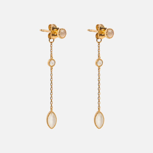 The Solid Gold 9 Lives Cats Eye Moonstone Drop Earrings from Local Eclectic feature a delicate gold chain, a small round gemstone midway, and an oval Cats Eye Moonstone at the end, displayed on a plain white background.