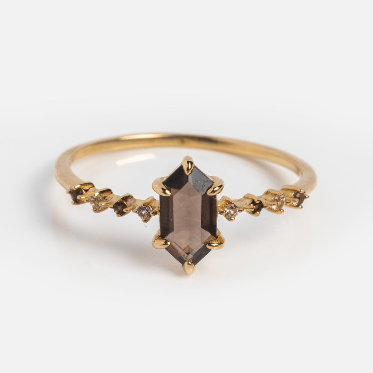 Solid Gold Smoky Quartz Hexagon Ring for Courage