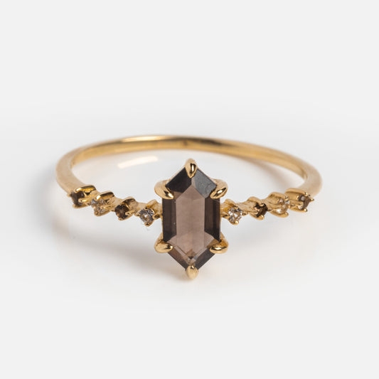 The Solid Gold Smoky Quartz Hexagon Ring for Courage features a dark hexagonal gemstone with clear side stones on a slim gold band. Exclusive to Local Eclectic, it’s displayed on a simple white background.