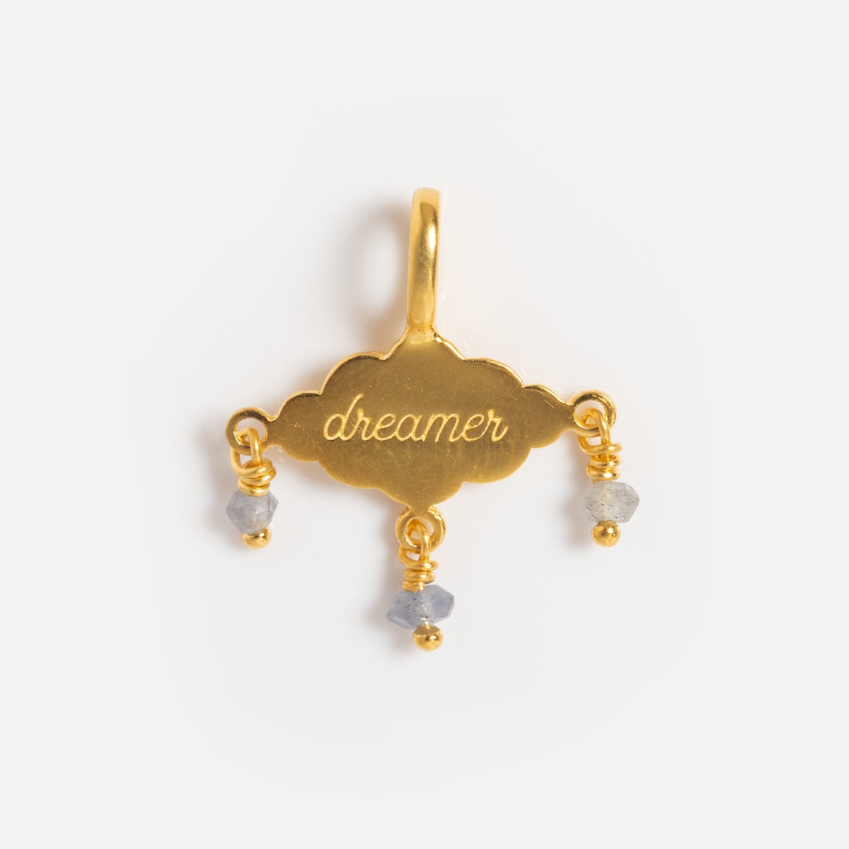 Charms by Hunt of Hounds: A gold vermeil cloud-shaped pendant engraved with dreamer, featuring three dangling gemstone charms, shown on a plain white background.