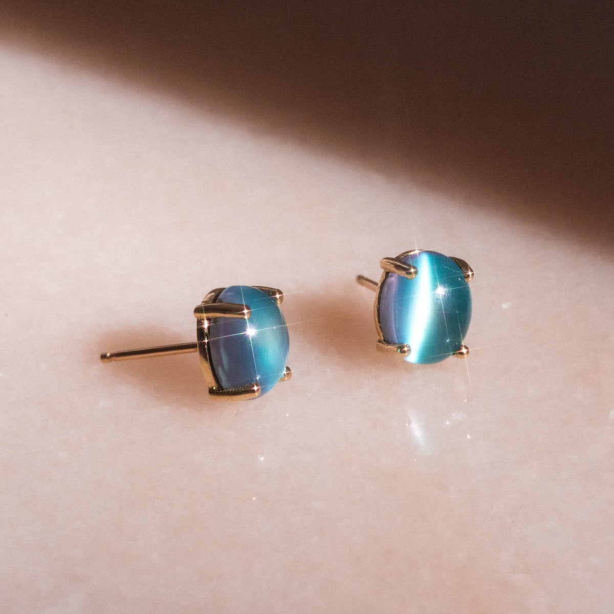 14k Blue Crush Cat's Eye Moonstone Studs