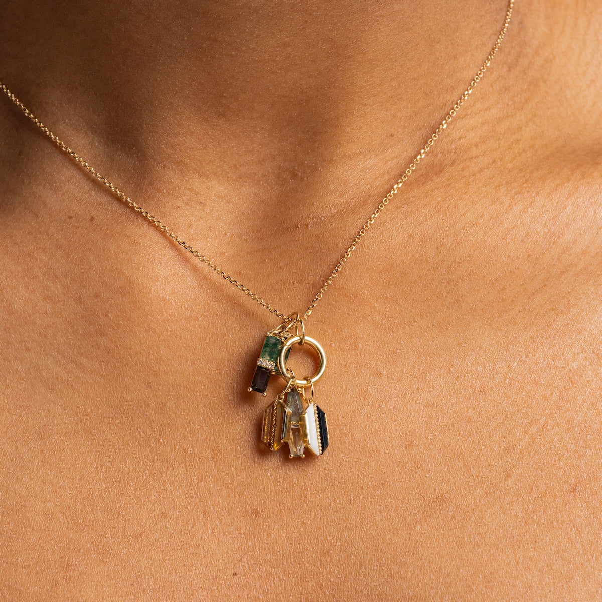 The Solid Gold Toi et Moi Aquatic Agate and Smoky Quartz Charm Sample is a 9k yellow gold necklace featuring multiple pendants, including aquatic agate and smoky quartz charms, elegantly worn against the skin.