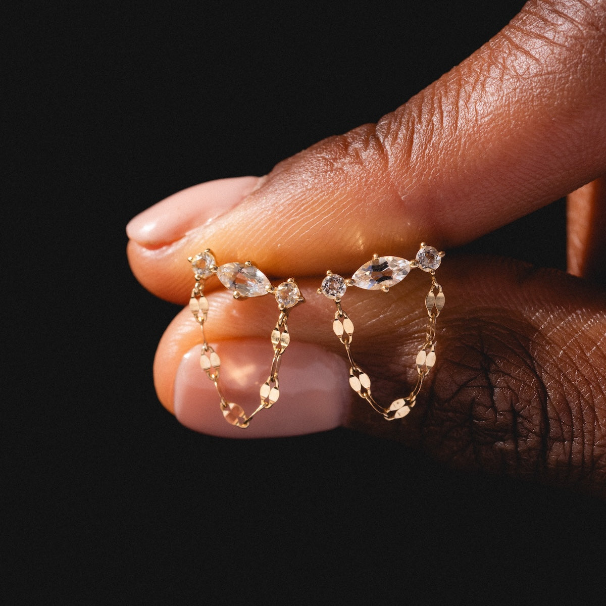 Solid Gold 2025 April Capsule White Topaz Chain Dangle Studs
