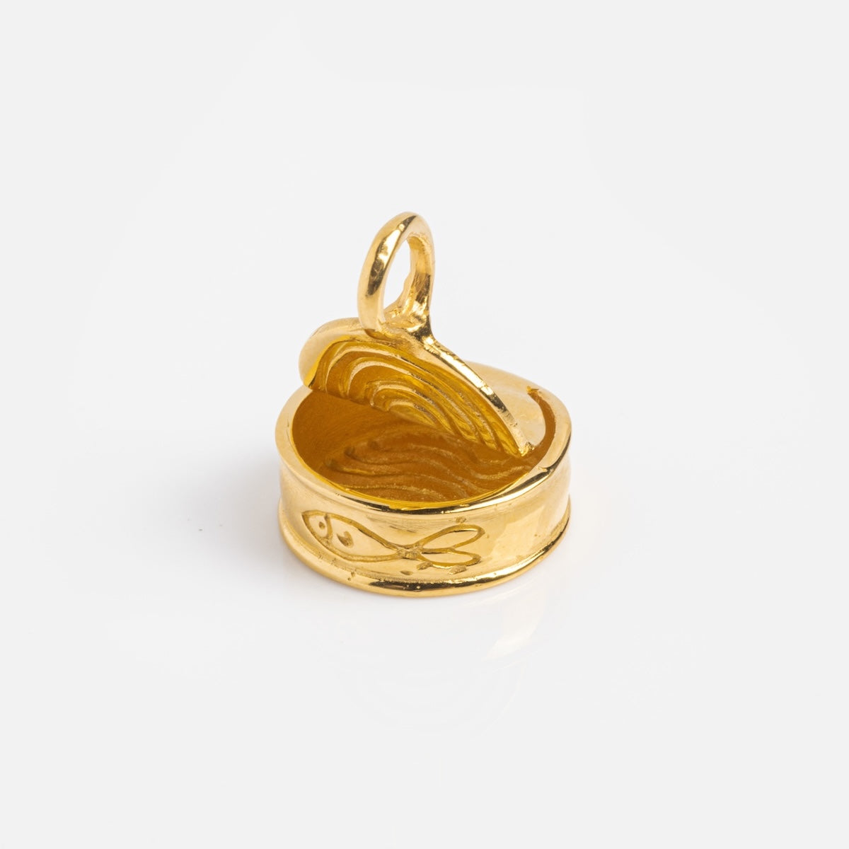 Charms by Hunt of Hounds: A small gold vermeil charm shaped like an open tin can with a fish symbol, featuring a partially lifted lid and a top loop for attaching to your necklace or bracelet.