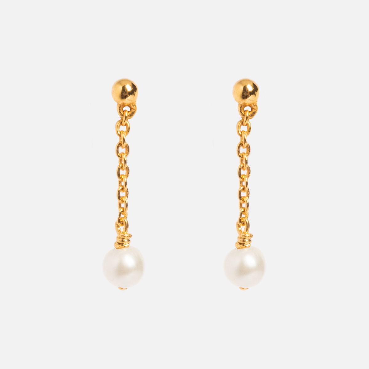 The Dainty Pearl Drop Earrings Sample features gold plated drops with round pearl pendants, displayed on a plain white background.