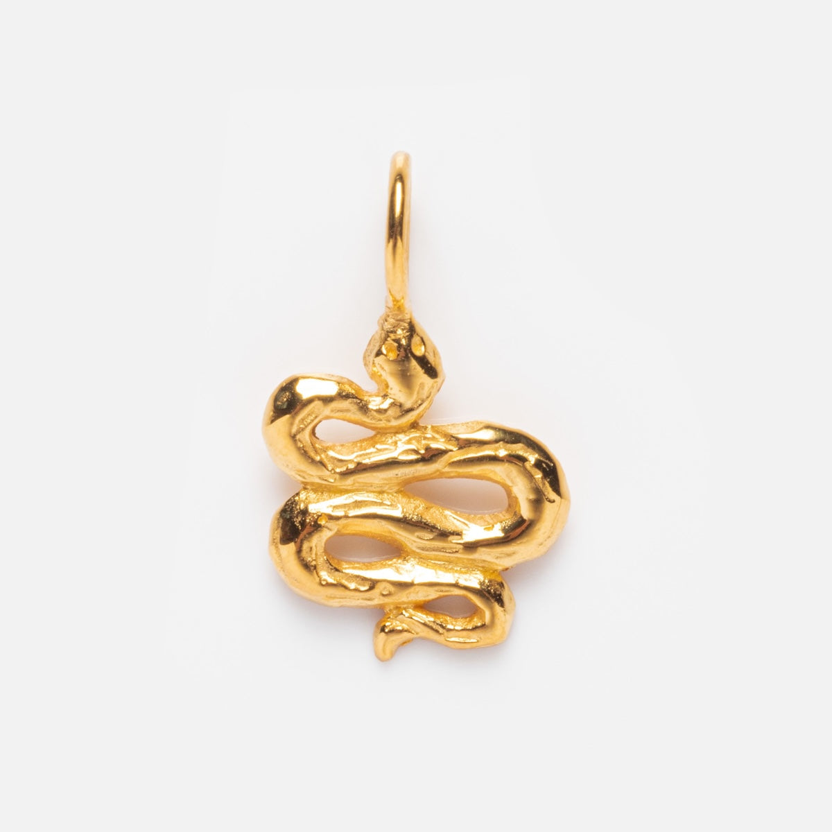 The Charms by Hunt of Hounds gold vermeil pendant features a coiled snake with smooth, rounded edges and a top loop for attaching to a chain, shown on a plain white background—perfect for adding to your charm collection.