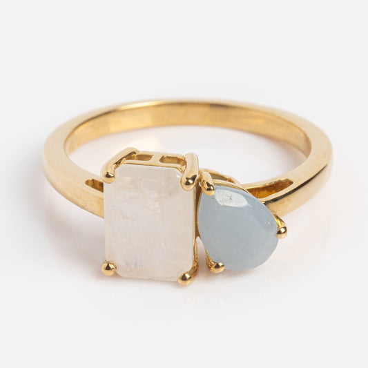 Solid Gold Moonstone and Angelite Toi et Moi Ring Sample Size 7