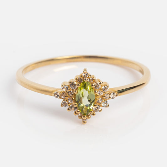 Solid Gold White Sapphire and Peridot Ring Sample Size 7