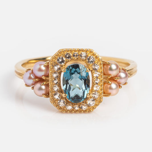 Solid Gold Blue Topaz and Pink Pearl Ring Sample Size 7