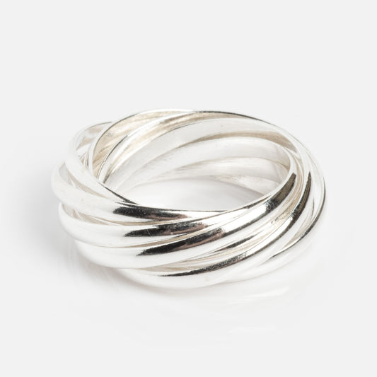 The Super Vera Ring, crafted in sterling silver, features multiple interlocking bands for a twisted, intertwined look, shown on a plain white background.