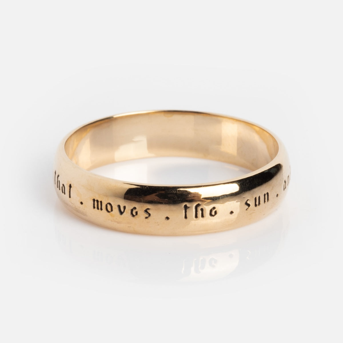 Sofia Zakia Heavenly Magic Ring showing engraved words that moves the sun on white background