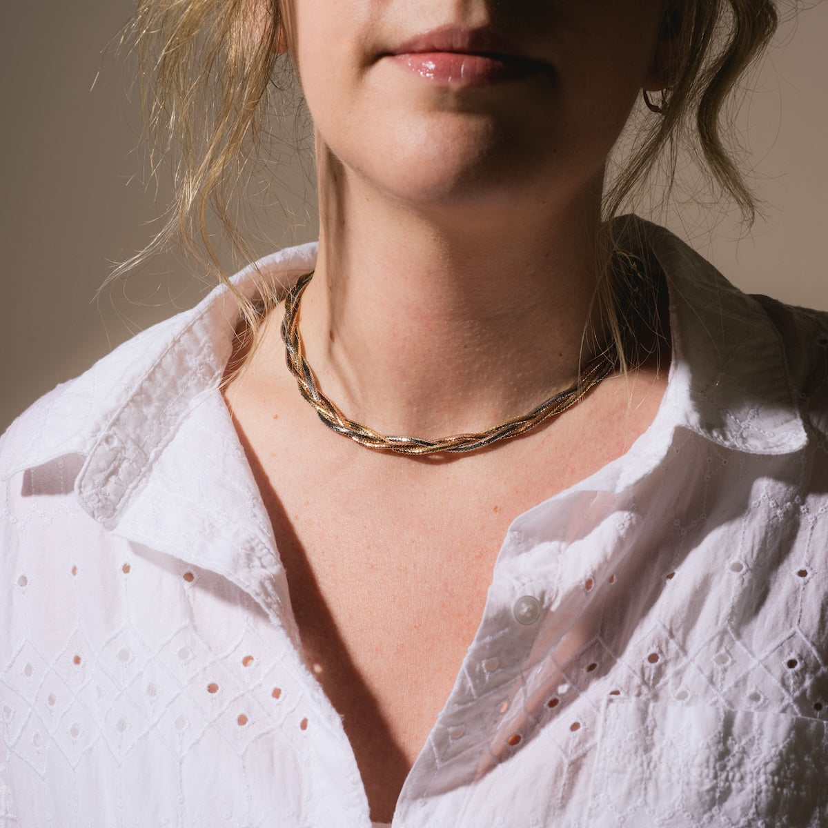 Model wearing Family Gold Solid Gold Braided Mixed Metal Mesh Necklace