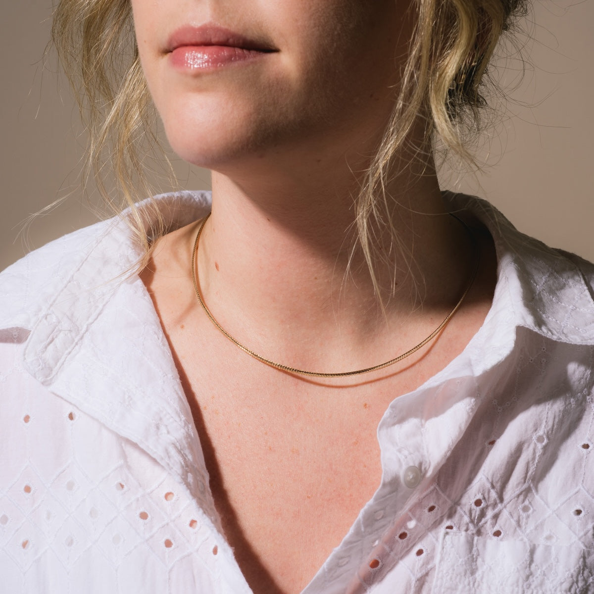 Model wearing Family Gold Solid Gold Slim Mesh Necklace