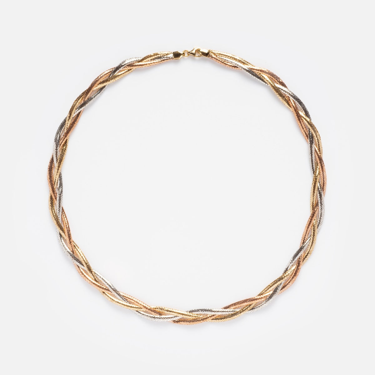 Family Gold Solid Gold Braided Mixed Metal Mesh Necklace on white background