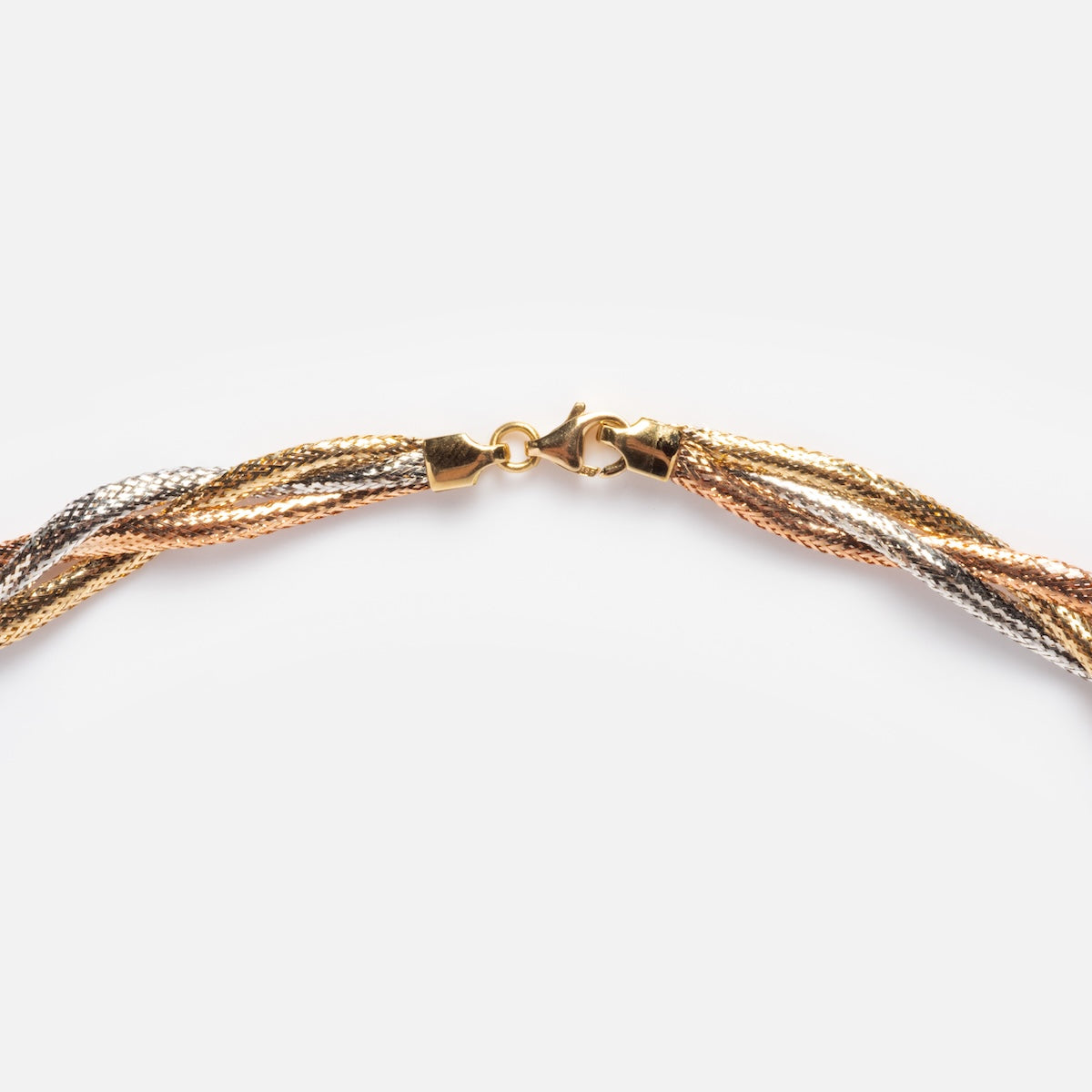 Closeup of closure on Family Gold Solid Gold Braided Mixed Metal Mesh Necklace
