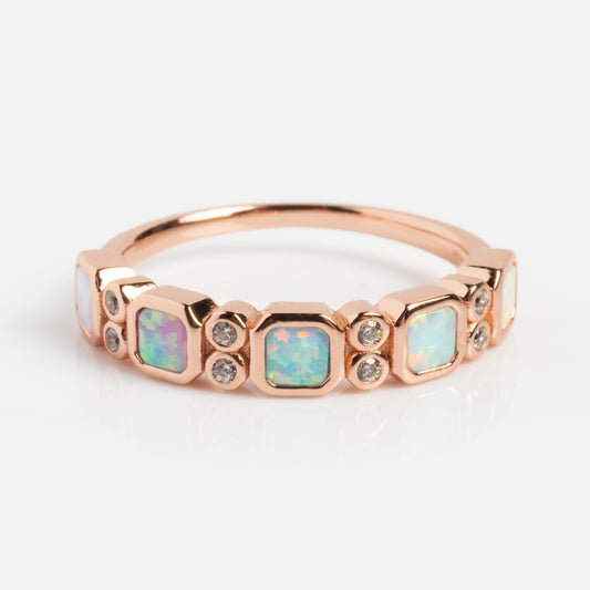 The Rose Gold Ombre Juniper Band features three square simulated opals and six small round diamonds set alternately on a 14k rose gold vermeil band, shown on a white background.