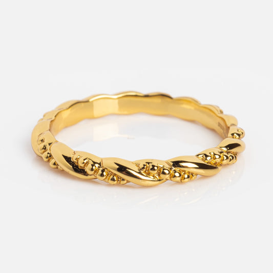 The Classic Twisted Band is a 14k gold plated stacking ring with a twisted band and small bead-like details, shown on a plain white background.