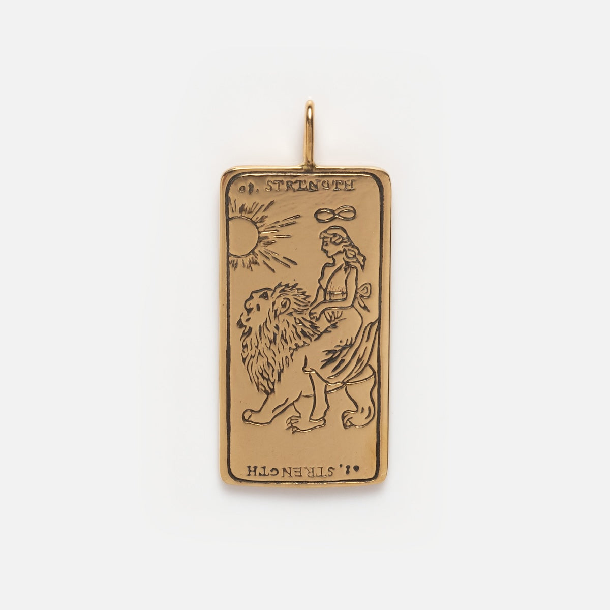 The Tarot Card Charm is a 14k solid gold piece engraved with the STRENGTH tarot card, featuring a woman with a lion, sun, and infinity symbol—ideal spiritual jewelry for those who love meaningful tarot designs.