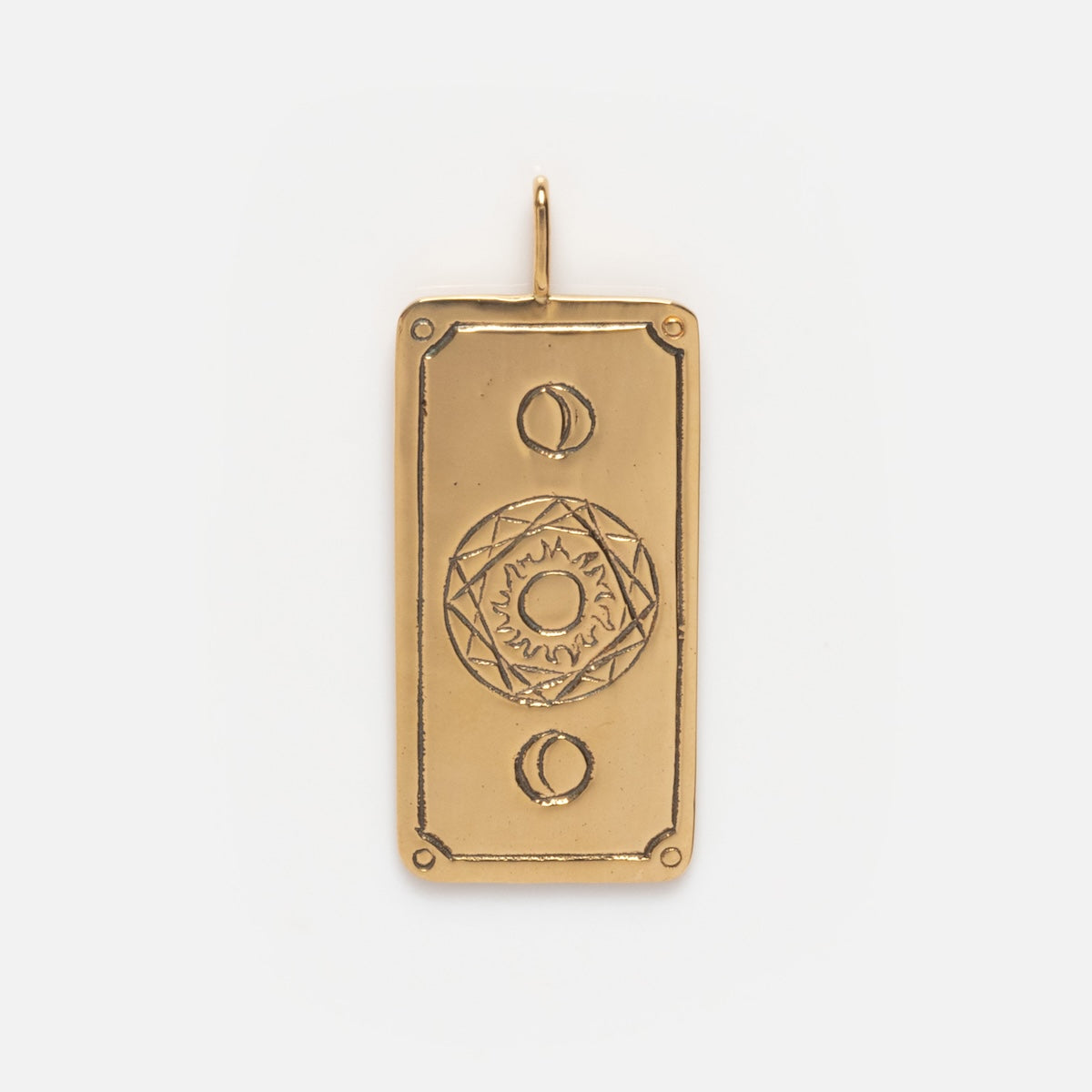 The Tarot Card Charm is a rectangular 14k solid gold pendant featuring an engraved sun, crescent moons, and geometric borders—ideal for spiritual jewelry or tarot lovers. Shown on a plain white background.