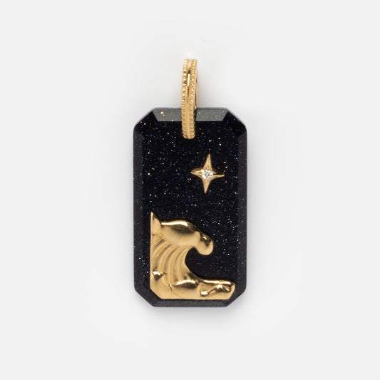 The Solid Gold Crystal Element Charm is a rectangular black pendant with a sparkling finish, showcasing a solid gold lions head at the bottom and a gold star with a lab-created diamond above, hanging from a gold loop.