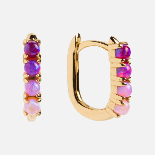 The Pink Opal Ombre Oblong Ella Huggies are gold vermeil earrings, each featuring five round lab-created magenta and pink opal stones set in a row. Shown from front and side angles on a white background.