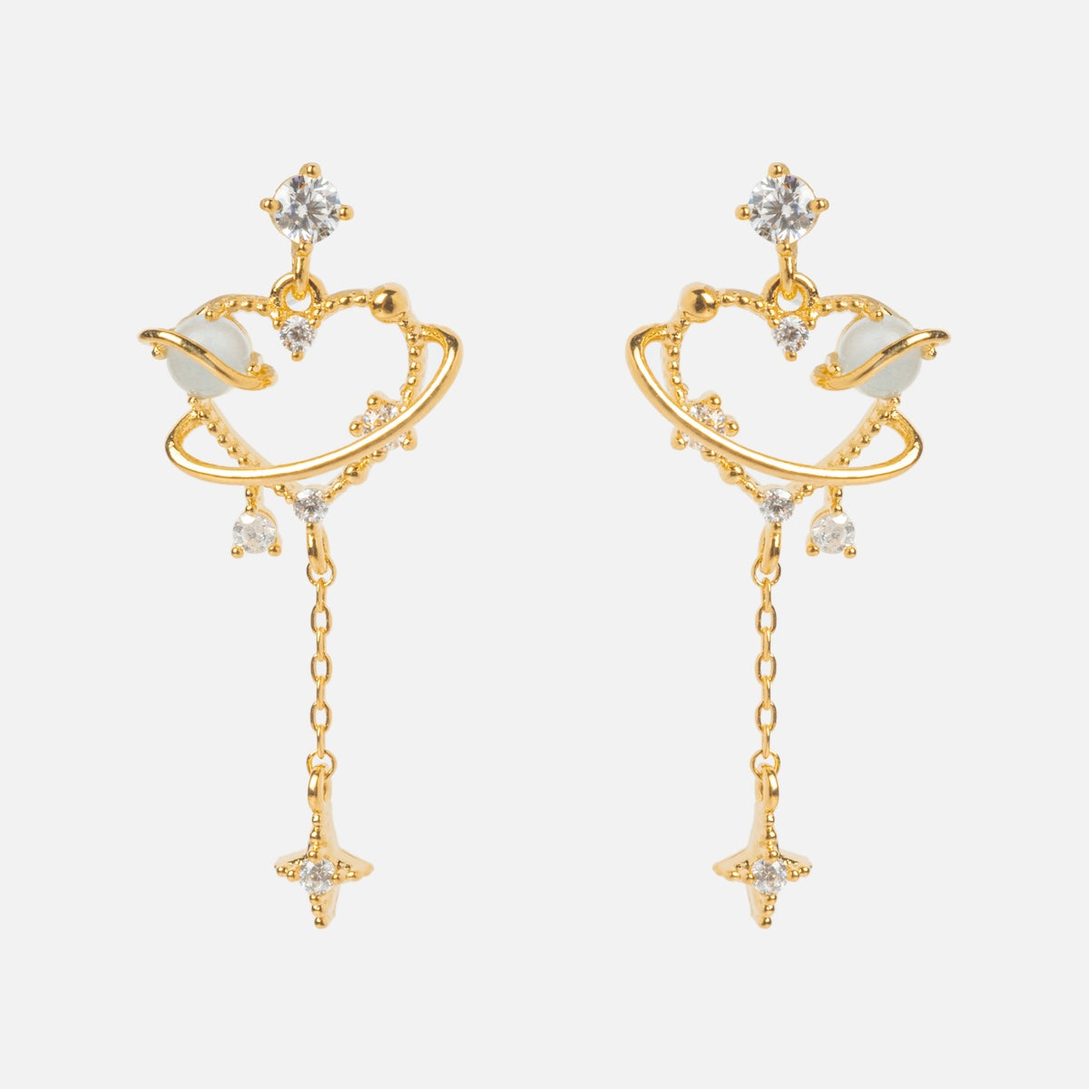 Dream Girl Dangle Hoops Sample: Heart-shaped gold earrings with orbit-like rings, sparkling CZ gems, and a dangling star charm. Set on 18k yellow gold plated sterling silver posts, shown against a plain white background.
