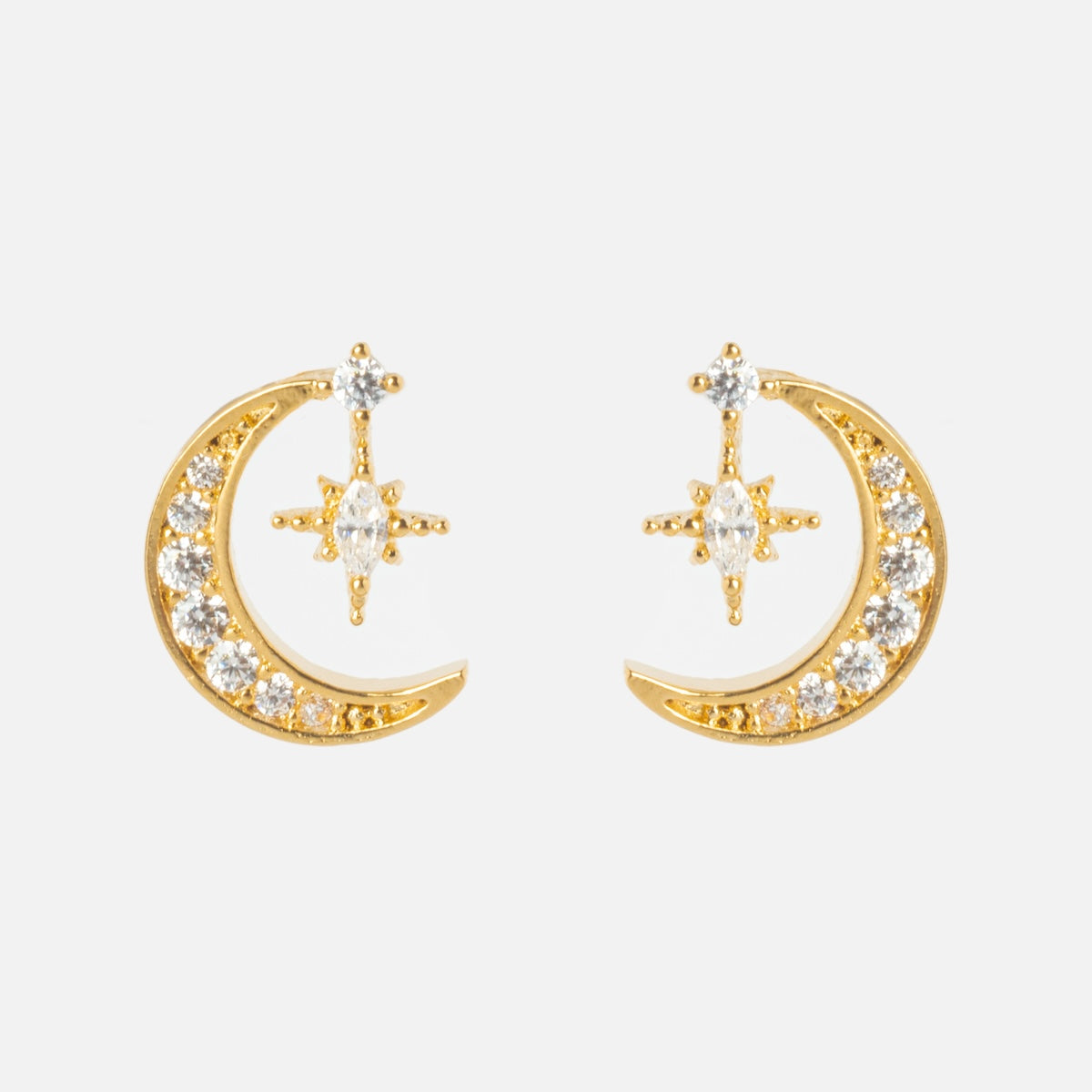 The Stargazer Moon Earrings Sample feature crescent moons with CZ gemstones, a star design with a central stone, sterling silver posts, and 18k yellow gold plating, shown on a white background.