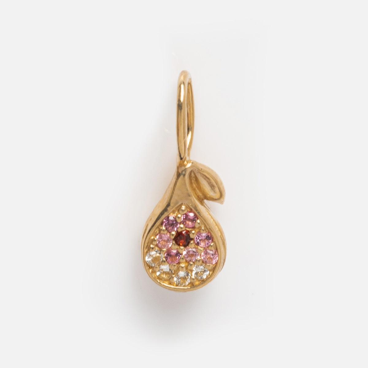 The Solid Gold Foodie Charm is a 9k yellow gold pear-shaped pendant with a small leaf, featuring pink, yellow, and white gemstones in a cluster—ideal for fruit charm necklaces. The solid gold piece is shown against a plain white background.
