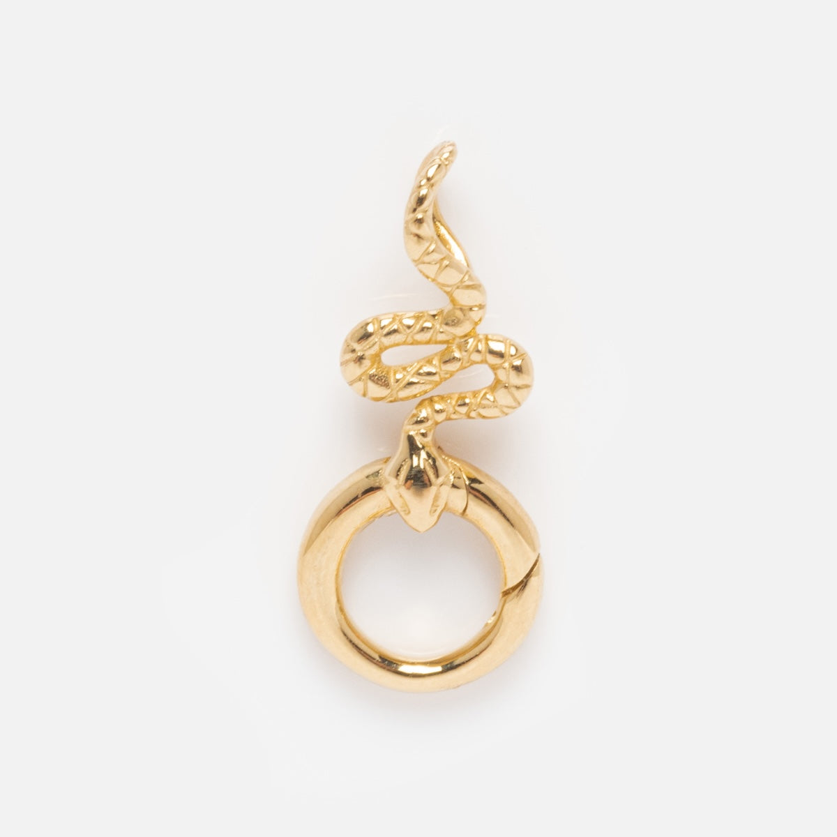The Solid Gold Charm Clip is a textured snake-shaped gold earring coiled around a smooth circular hoop, ideal as a charm or bracelet attachment, shown on a plain white background.