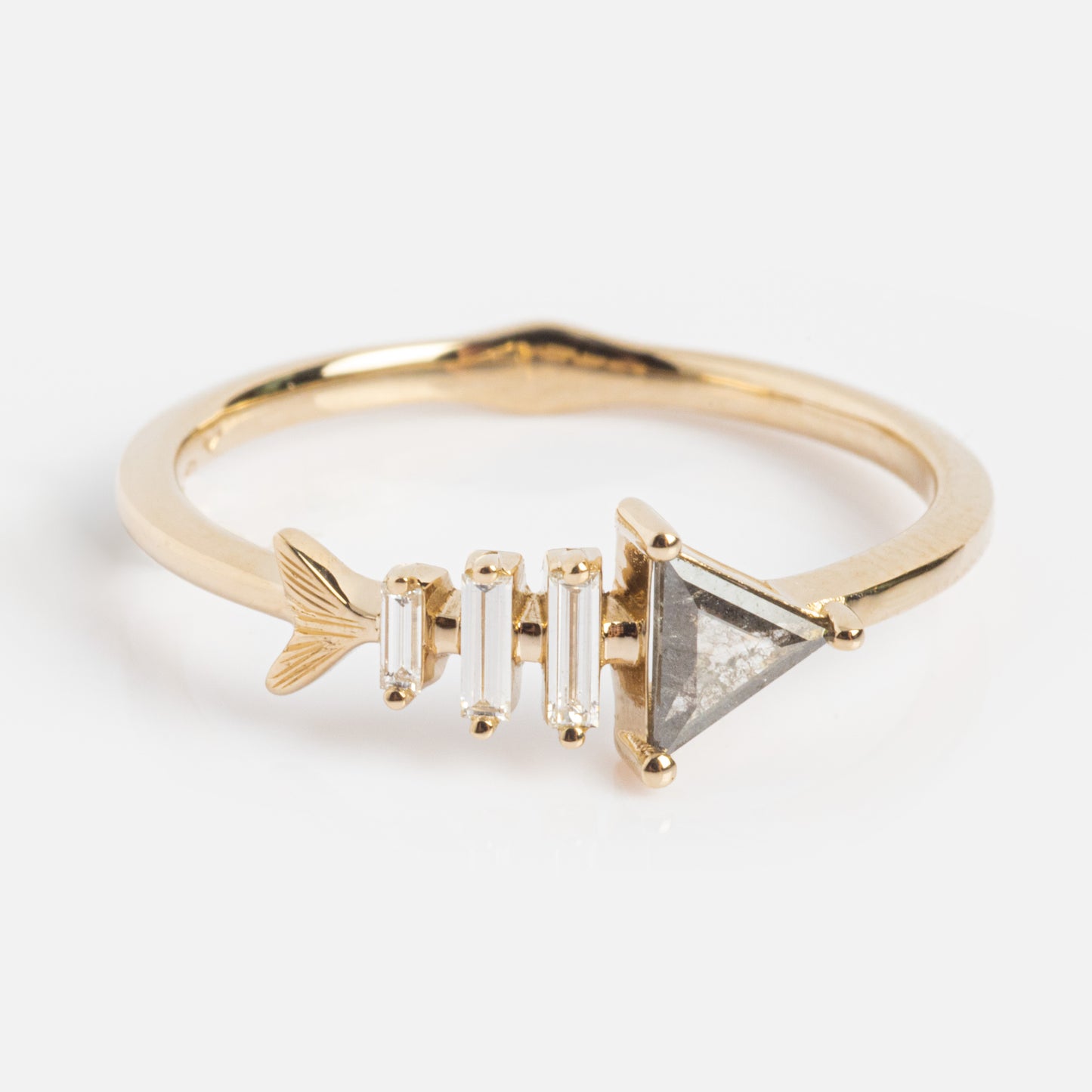 Gold Fish Bone Ring with Triangle and Baguette Cut Diamond
