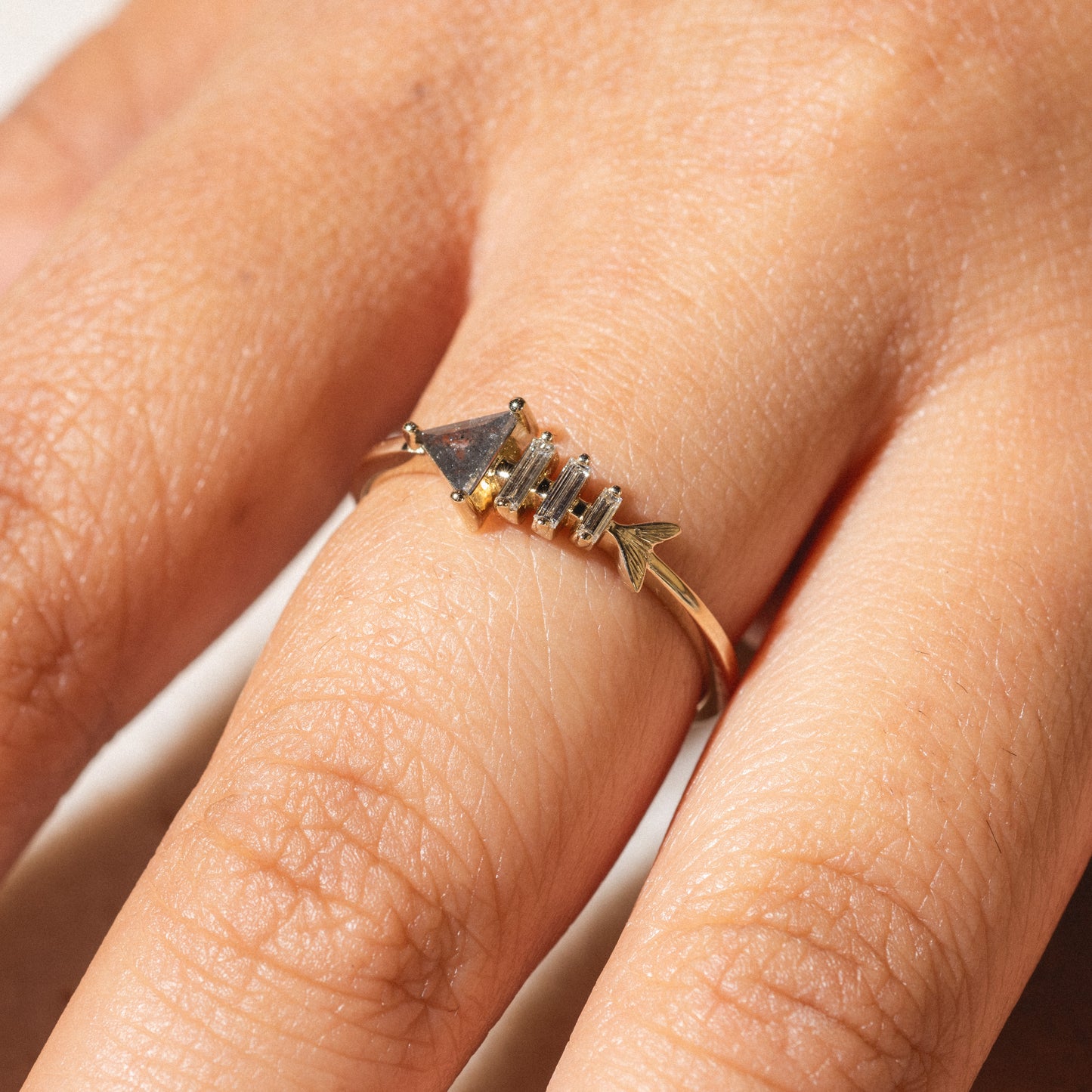 Gold Fish Bone Ring with Triangle and Baguette Cut Diamond