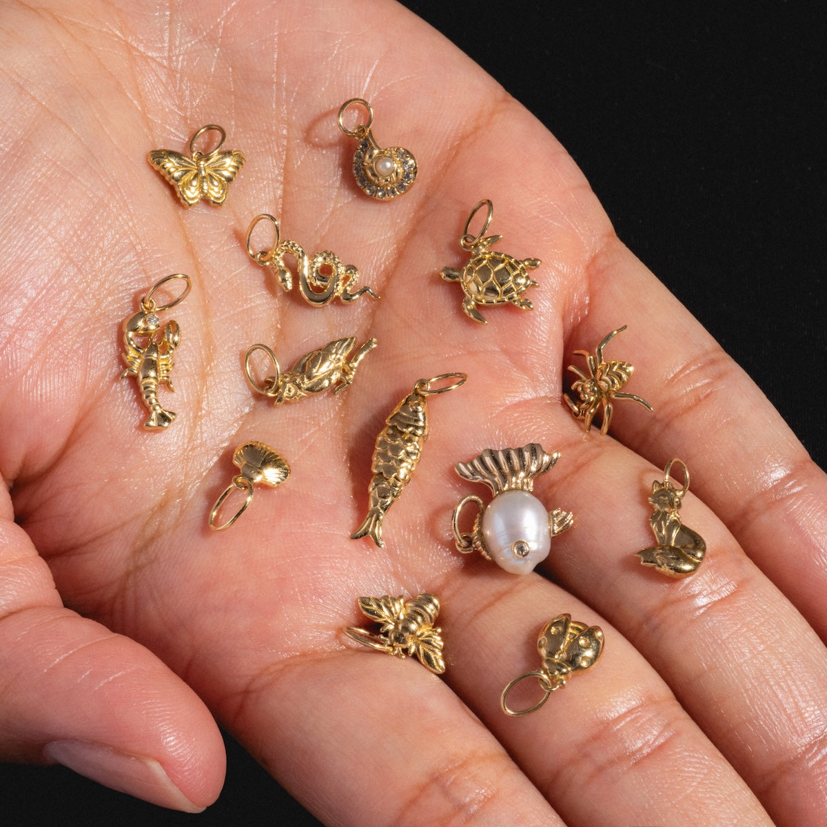 A hand displays Solid Gold Nature Charms with pearl accents in butterfly, turtle, fish, lobster, and seashell shapes—spiritual jewelry inspired by nature—set against a striking black background.