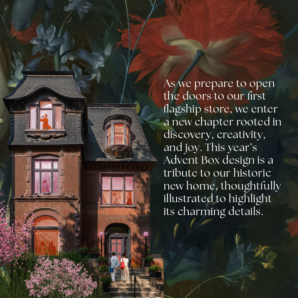 A digitally illustrated old brick house with people in the windows and entrance, surrounded by flowers, features text introducing the 2025 Jewelry Advent Calendar and a new flagship store inspired by the home’s historic charm.