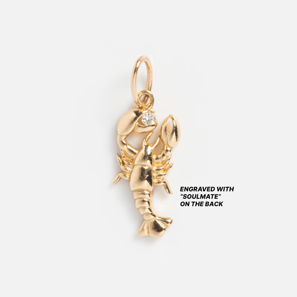 The Solid Gold Nature Charm is a lobster-shaped gold pendant with a small gemstone detail and SOULMATE engraved on the back, shown against a plain white background.