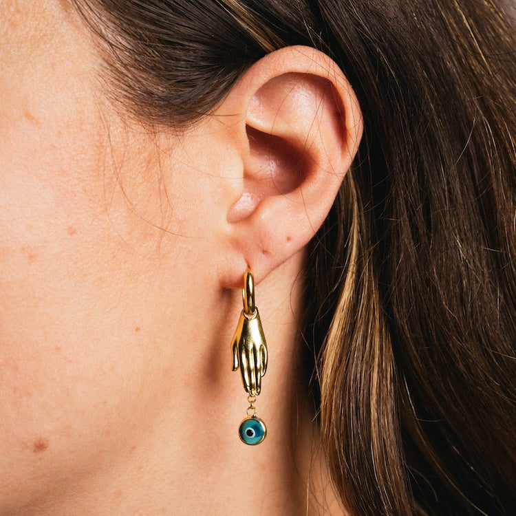 Angelica Palm and Evil Eye Huggie Earrings