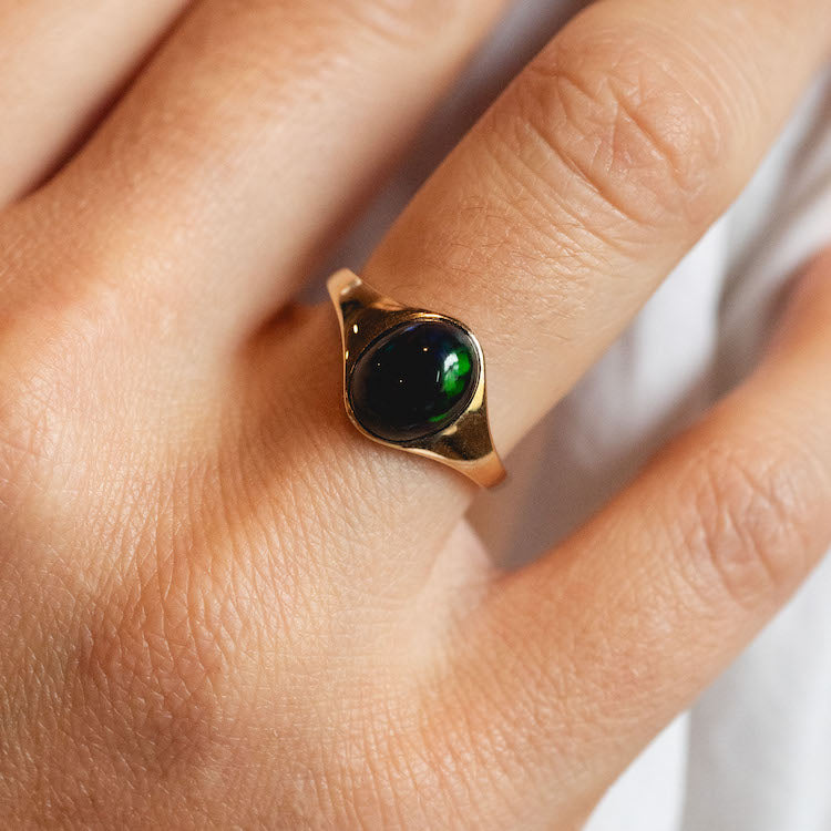 Solid Gold Black Opal Aura Signet Ring