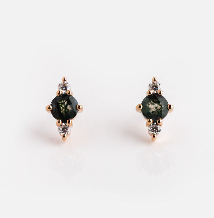 14kt Rose Gold Moss Agate and Moissanite Triage Stud Earrings